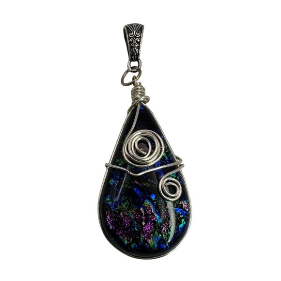 Handcrafted Dichroic Glass Pendant With Silver Wire Wrap - Picture 1 of 5